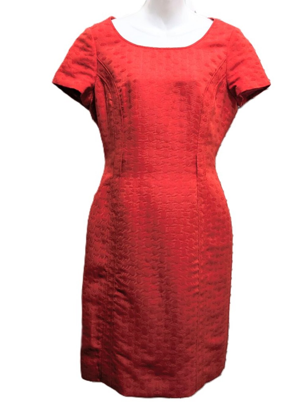 Tahari Short Sleeve Red Dress Sheath Size 8 Jacquard Twill Lined Scoop Neck